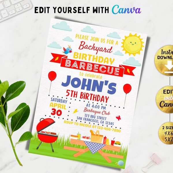 Editable BBQ Birthday Invitation, Barbeque Party Invitation, Barbecue Birthday Invite, Summer, Picnic Invitation, Backyard Bbq, Canva, DIY