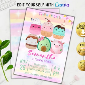 May include: A pink and blue birthday invitation with a rainbow background. The invitation features a cartoon avocado, cupcake, ice cream cone, and other cute characters. The text on the invitation reads "Squish On Over!" and "Samantha is turning seven".