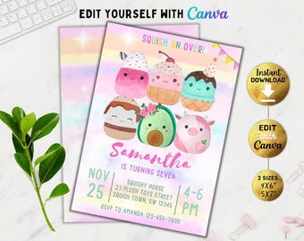 May include: A pink and blue birthday invitation with a rainbow background. The invitation features a cartoon avocado, cupcake, ice cream cone, and other cute characters. The text on the invitation reads "Squish On Over!" and "Samantha is turning seven".