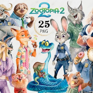 Puede incluir: Ilustración en acuarela con personajes de Zootopia 2. La imagen incluye una variedad de animales antropomórficos, como un zorro, un conejo y un perezoso, con diferentes atuendos. El texto "Zootopia 2" y "25 PNG" también son visibles.
