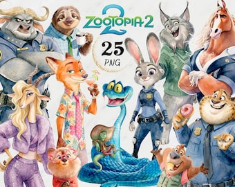 Zootopia 2 Watercolor 25 PNG Clipart Bundle, Zootopia 2 PNG Cartoon Animals Clipart Kit, Zootropolis Zoomania Zootopia2 PNG Clip Arts Pack