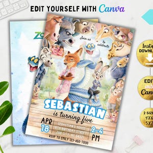 Könnte beinhalten: Eine Geburtstagseinladung zum Thema Zootopia mit verschiedenen Zeichentrickfiguren. Die Einladung lautet "Sebastian wird fünf" mit dem Datum 18. April. Das Design enthält den Text "Edit Yourself with Canva" und ist mit "Boy Version" gekennzeichnet.