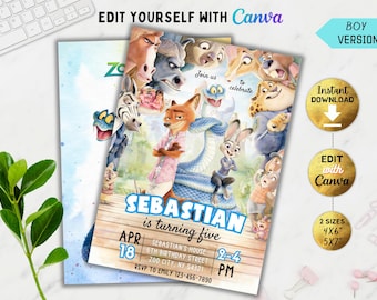 Editable Zootopia 2 Boy Birthday Invitation Template, Judy Hopps and Nick Wilde Invite, Watercolor Zootropolis Invitation, Canva