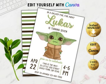 Editable Boy birthday invitation, Space wars birthday invitation, Boy Birthday Invite, Girl Birthday Invite, Jedi invitation, Canva, DIY