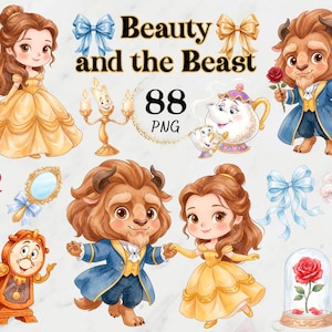 Op de afbeelding: Een digitale collectie van 88 PNG-illustraties met personages en objecten uit Belle en het Beest, waaronder Belle in een gele jurk, het Beest in een blauwe jas, een kandelaar, een theepot, een klok, een roos in een glazen stolp en strikken.