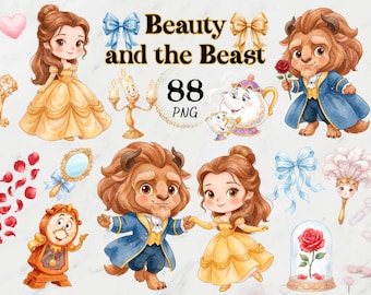 Pode incluir: Uma coleção digital de 88 ilustrações PNG com personagens e objetos de A Bela e a Fera, incluindo a Bela em vestido amarelo, a Fera em casaco azul, um candelabro, um bule, um relógio, uma rosa em cúpula de vidro e laços.
