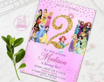 May include: Pink and gold birthday invitation with a large gold number 2 and a group of Disney princesses. The text reads "Join us to celebrate our little princess Madison is turning two! Saturday, January 16th, at 3:00 PM Madison's Castle 17 Flowers Avenue, Wonderland, CA 12345 RSVP to 123-456-7890"