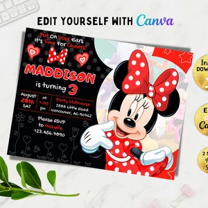 Editable Minnie birthday invitation, Girl Mouse birthday invitation, Girl Birthday Invite, Bowtique, Canva, DIY, Digital, Instant download image 1