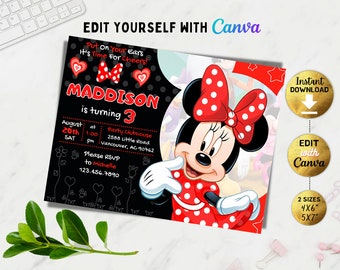 Editable Minnie birthday invitation, Girl Mouse birthday invitation, Girl Birthday Invite, Bowtique, Canva, DIY, Digital, Instant download