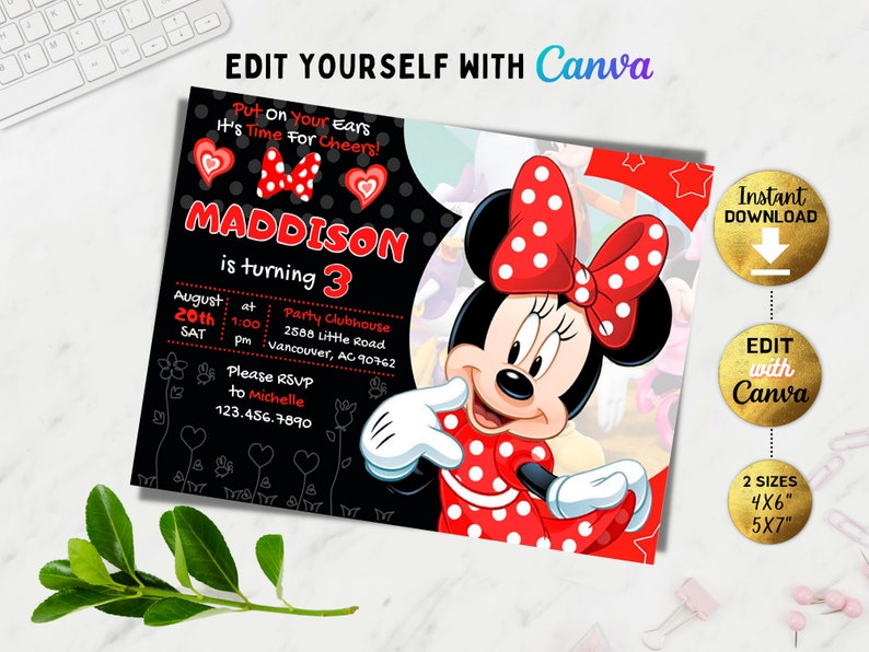 Editable Minnie birthday invitation, Girl Mouse birthday invitation, Girl Birthday Invite, Bowtique, Canva, DIY, Digital, Instant download image 1