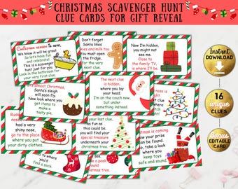 Christmas Scavenger Hunt Clue Cards, Indoor Scavenger Hunt Clues, Treasure Hunt Clues, Christmas Printable Game for Kids, Gift Reveal Trip