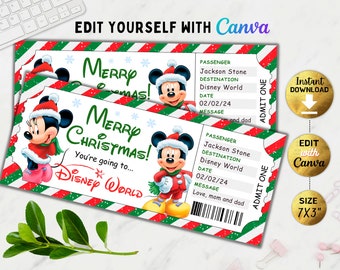 Editable Christmas Theme Park Trip Ticket, Mouse World Surprise Boarding Pass, Printable Gift Ticket, Surprise Vacation, Reveal Gift, Canva