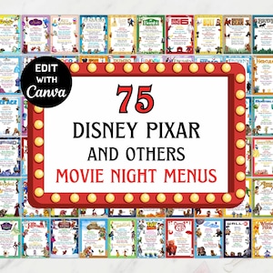 May include: A collection of 75 Disney Pixar and other movie night menus displayed in a grid. A central red marquee sign with yellow lights features the text 75 DISNEY PIXAR AND OTHERS MOVIE NIGHT MENUS and a black circle with EDIT WITH CANVA.