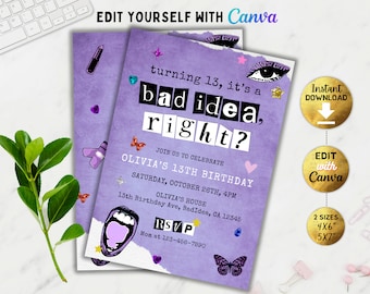 Editable Olivia Birthday Party Invitation, Bad Idea Inspired Theme Party Invite, Olivia Party Decorations, Teen Sour Birthday, Music Party