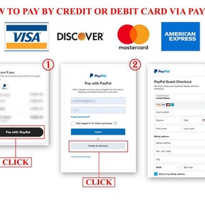 May include: A visual guide on how to pay by credit or debit card via PayPal. The image shows three steps: 1. Click "Pay with PayPal" 2. Log in or create an account 3. Enter your card details and billing address.