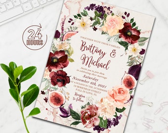 Burgundy Wedding Invitation, Burgundy and Blush Wedding Invitation, Floral Wedding Invitation, Marsala, Plum, Wine, Printable