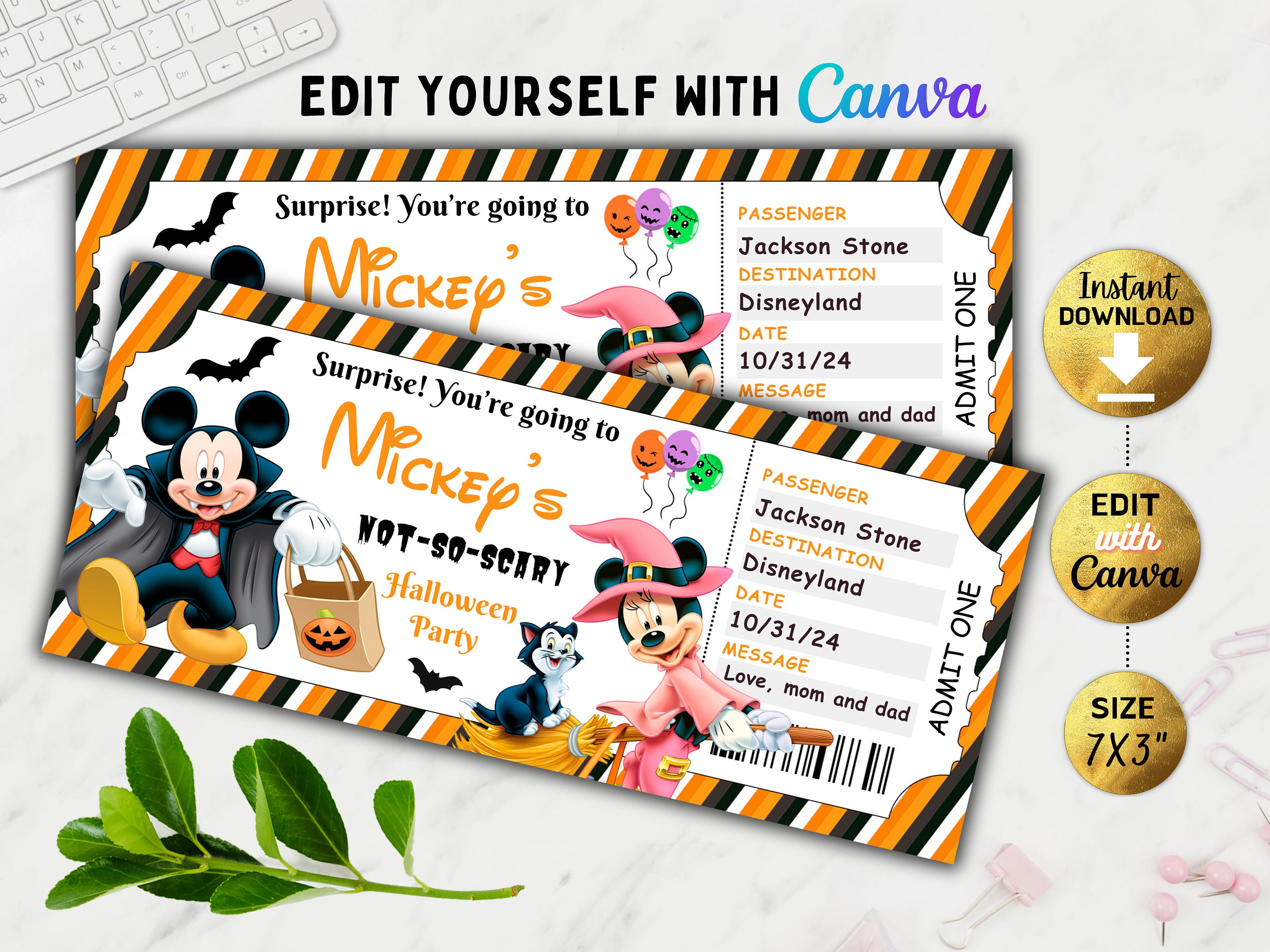 Editable Halloween Theme Park Trip Ticket, Mouse World Surprise Boarding Pass, Not So Scary Ticket, Surprise Vacation, Reveal Gift, Canva