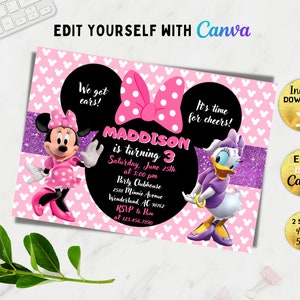 Editable Minnie and Daisy birthday invitation, Girl Mouse birthday invitation, Girl Birthday Invite, Daisy Duck, Canva, DIY,Instant download