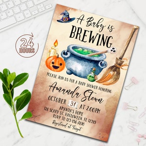 A Baby is Brewing Halloween Baby Shower Invitation, Halloween Baby Shower Invitation, Spooky Halloween Invite, Witches Party, Fall Pumpkin