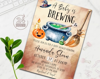 May include: Halloween-themed baby shower invitation with watercolor illustrations. The invitation features a witch's hat, cauldron, pumpkin, and broom. Text reads "A Baby is Brewing" and includes event details for Amanda Stown.