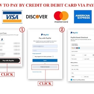 Pode incluir: Um guia sobre como pagar com cart&atilde;o de cr&eacute;dito ou d&eacute;bito via PayPal. A imagem mostra os logotipos da Visa, Discover, Mastercard e American Express. As instru&ccedil;&otilde;es passo a passo s&atilde;o fornecidas com capturas de tela e a palavra "CLICK".