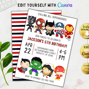 Editable Superheroes invitation, Superhero Birthday invitation, Boy birthday invitation, Girl birthday invitation, Printable, Digital, Canva
