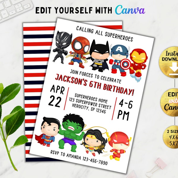 Editable Superheroes invitation, Superhero Birthday invitation, Boy birthday invitation, Girl birthday invitation, Printable, Digital, Canva