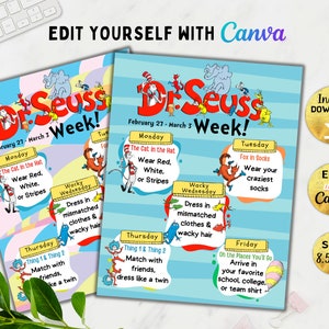 May include: A printable Dr. Seuss Week calendar with a blue and pink background. The calendar features a different Dr. Seuss book and activity for each day of the week. The calendar is 8.5 inches by 11 inches.
