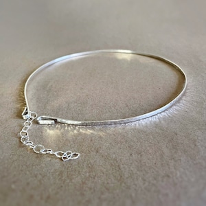 May include: A silver choker necklace with a hammered finish and a delicate chain closure.