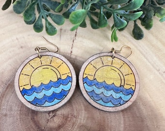 Beach Earrings SVG Cut File | Sun and Waves Laser Cut Earring Design | Coastal Ocean Jewelry SVG for Glowforge | DIY Summer Earrings Pattern