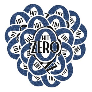 May include: A collection of blue glitter stickers with the text "HIT" and "ZERO" in white and black. The stickers are arranged in a circular pattern against a white background. The word "HIT" is repeated multiple times.