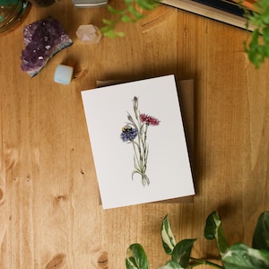 Petite carte de voeux boutons abeille célibataire / 4 x 5 cartes / fleurs aquarelles / carte de voeux vierge / fleurs et abeilles