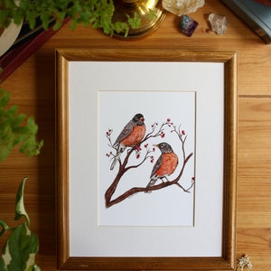 Robins // 5x7 / 8x10 // Impresión de arte, Decoración del hogar amante de la naturaleza, Arte de aves, Arte de la pared, Regalo amante de las aves, Pintura de acuarela
