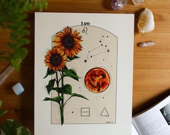 Leo Zodiac Poster: Astrology Art Print, Constellation & Sunflowers (8x10)