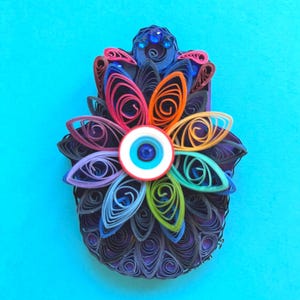 Rainbow Hamsa Paper Quilling Wall Art: Gemstone Crystals, Good Luck Amulet