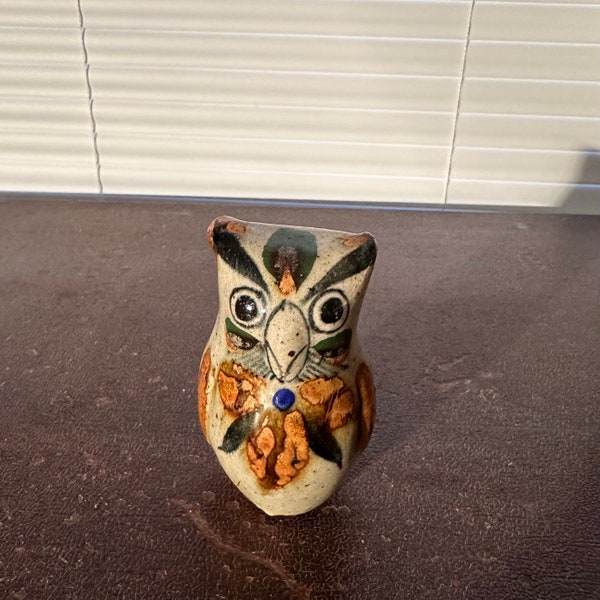 Tonala Vintage Hand Painted Glazed Earthenware Owl - c1970 from Mexico - gorgeous floral design - rare small size - darling