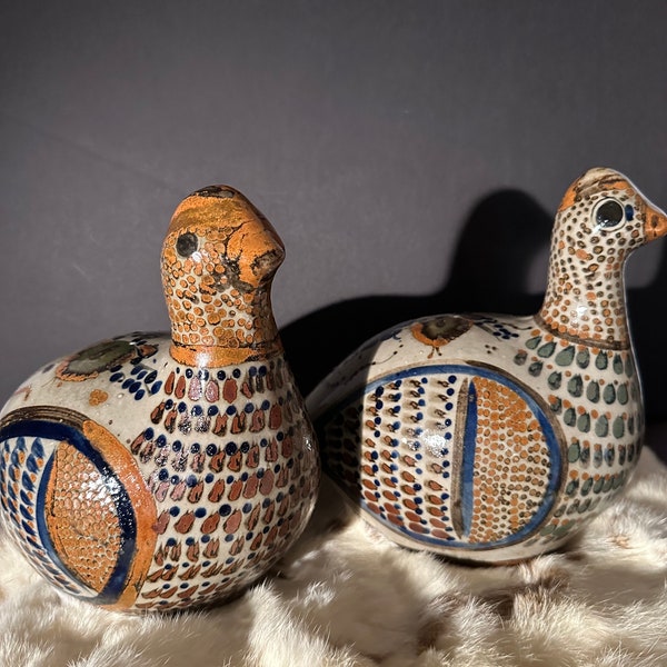 Tonala Set of 2 Vintage Hand Painted, Ceramic Quail - c1970 from Mexico - signed - gorgeous floral design - rare large size - true beauties