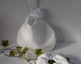Handmade Duchess Satin Japanese Knot Bag, in silk white colour .Brides Evening Bag. Can be personalised