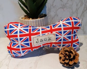 Personalised dog toy with squeak. Union Jack fabric. Handmade