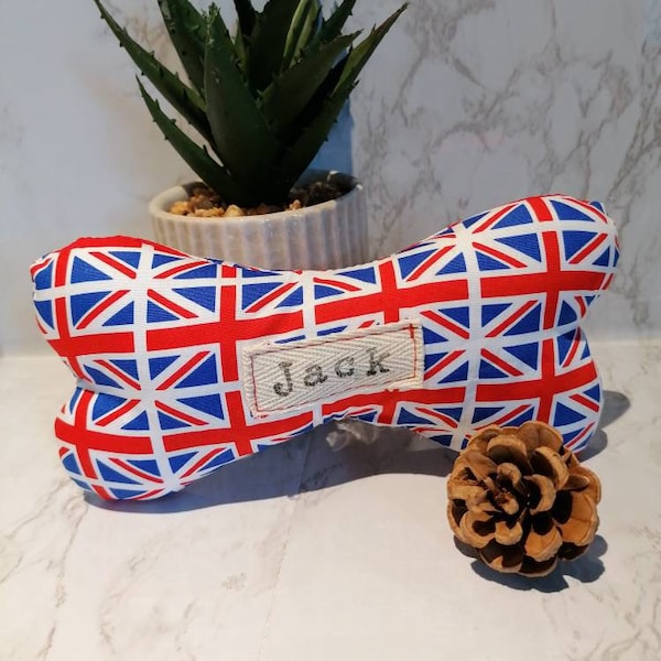 Personalised dog toy with squeak. Union Jack fabric. Handmade