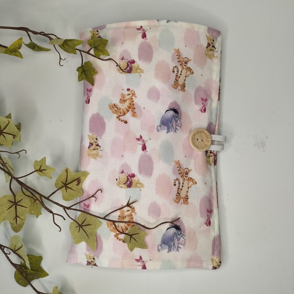 Baby wallet. Pooh and friends fabric. Nappy clutch. Nappy pouch. Wetwipe pouch. Holiday pouch