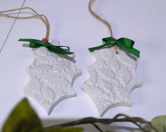 Handmade Air Dry Clay holly shaped Christmas Ornaments.Essential Oil Diffuser Set of 2