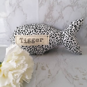 Personalised fish shaped cat toy with bell.  fabric