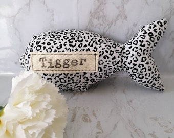 Personalised fish shaped cat toy with bell.  fabric