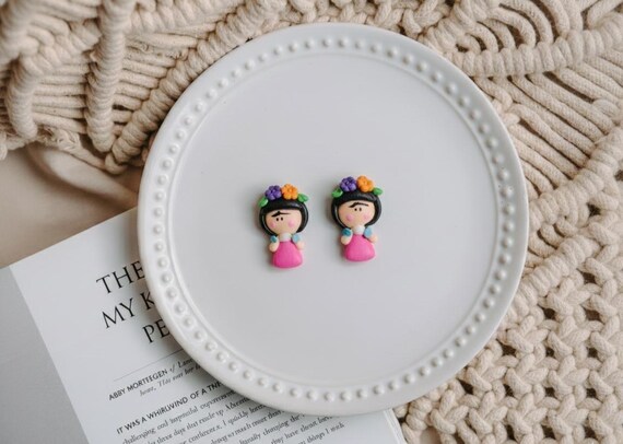 Frida Earrings, Handmade Polymer Clay Floral Jewelry, Artist Kahlo Inspired Statement Earrings present gift