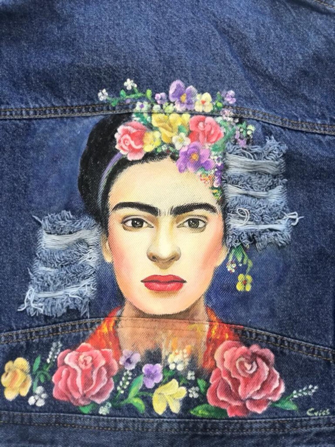 Frida Kahlo Hand Painted Ripped Denim Jacket Small - Etsy