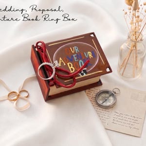 Caja para anillos con diseño de libro de aventuras, caja para anillo de compromiso, caja para anillo de pedida de mano, recuerdo de boda, regalo de aniversario