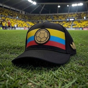 May include: Black baseball cap featuring the colors of the Colombian flag: yellow, blue, and red. The cap has a gold soccer ball emblem and the text "FEDERACION COLOMBIANA DE FUTBOL". The Adidas logo is on the side.