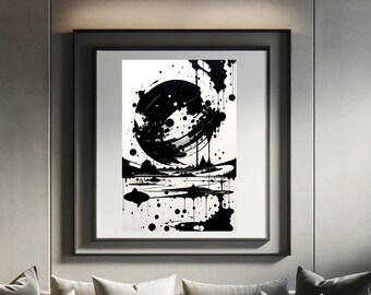 Abstract Planet Ink Splatter Art Print: Moody Black and White (Digital Download)