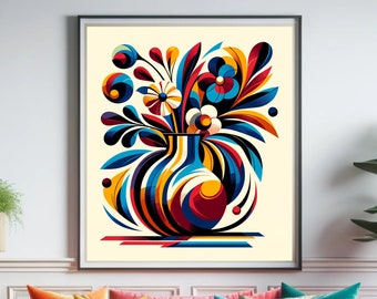 Abstract Floral Vase Art Print: Vivid Geometric Flowers (Digital Download)